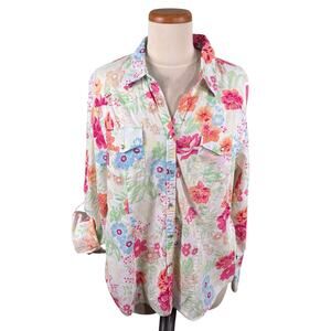 IZOD Shirt Women's Size XL Floral Pearl Snap Button  Roll Tab Sleeve Top